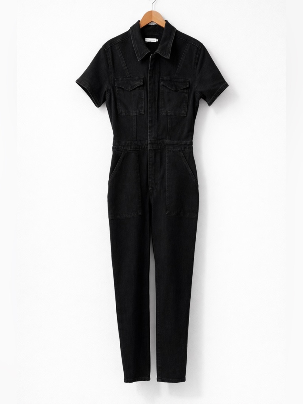 Good American Black Denim Utility Jumpsuit Short Sleeve Structured Straight Leg